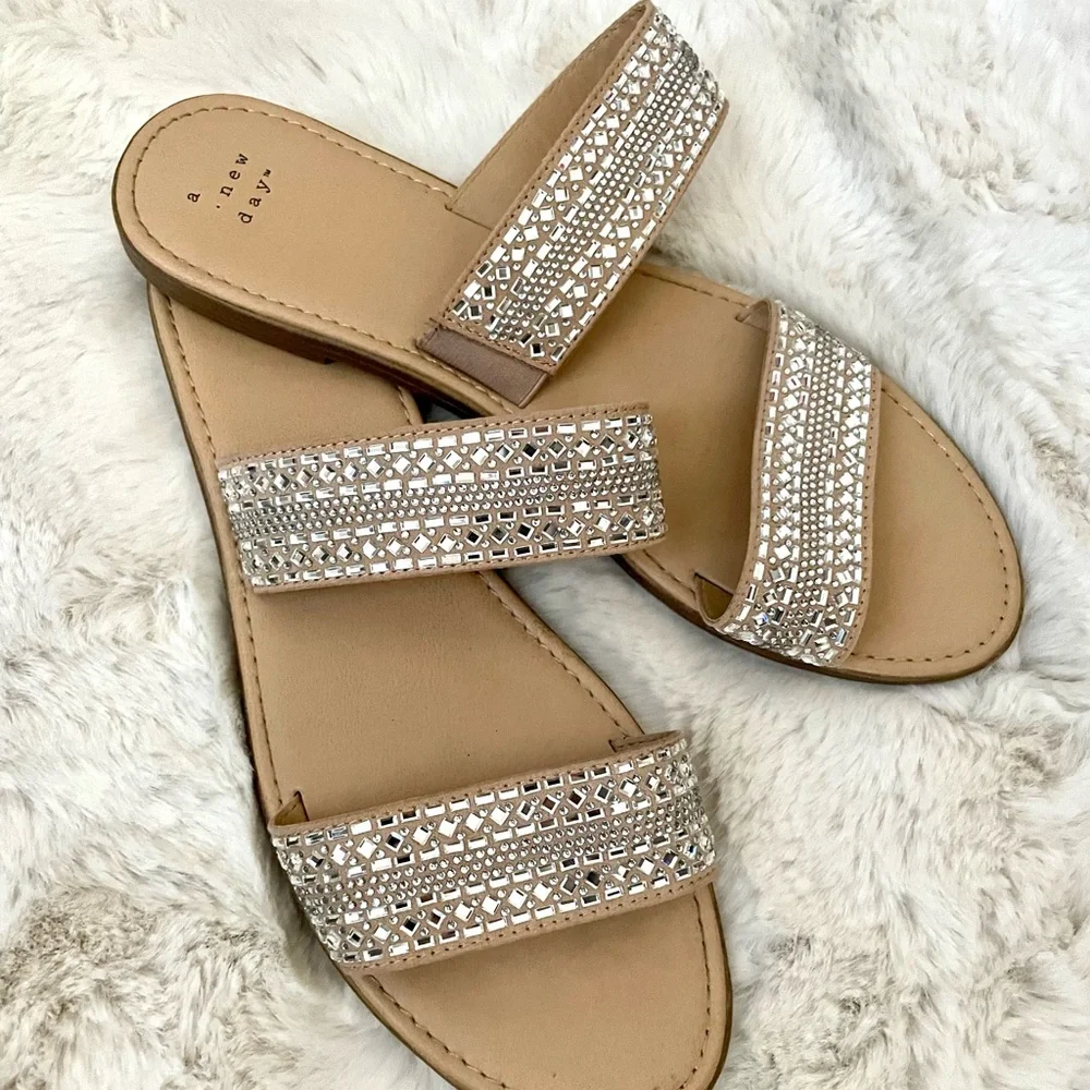 a new day Tan Rhinestone Double-Strap Slide Sandals